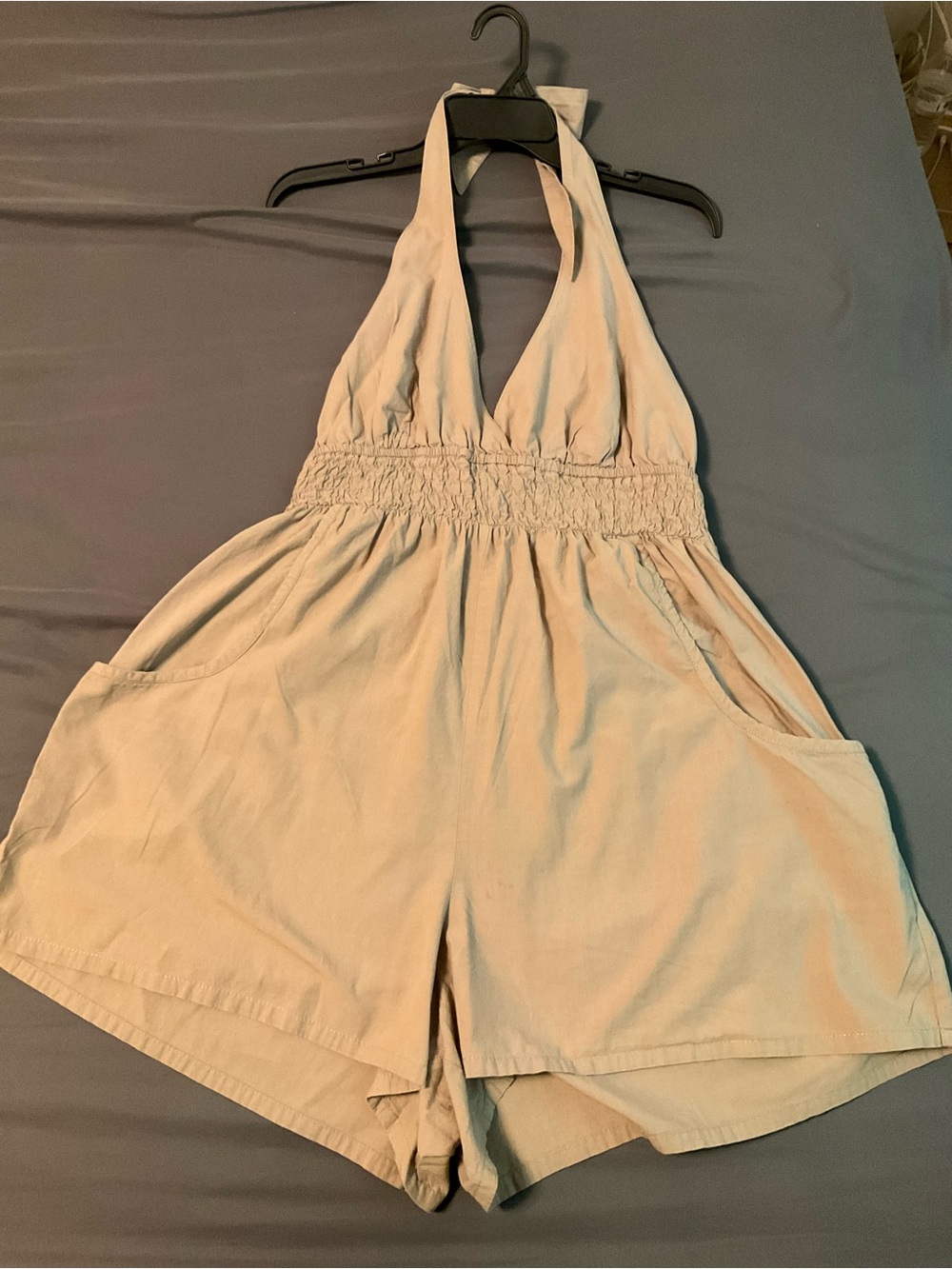 Xhilaration Beige Halter Smocked-Waist Bodysuit Romper